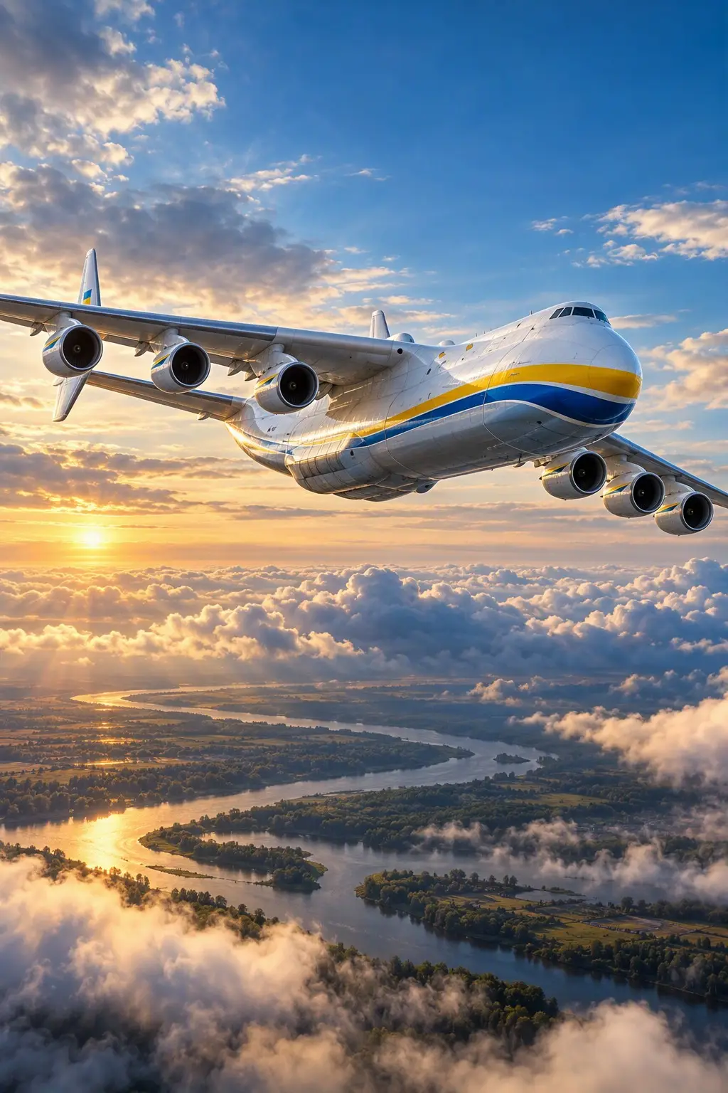 The Antonov An-225 Mriya flying above clouds at sunrise