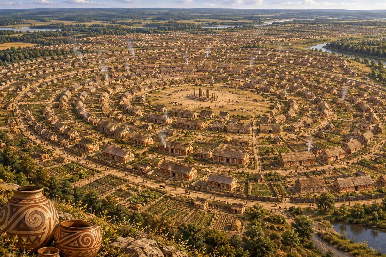 Illustration of a Trypillian megasettlement with houses arranged in concentric rings